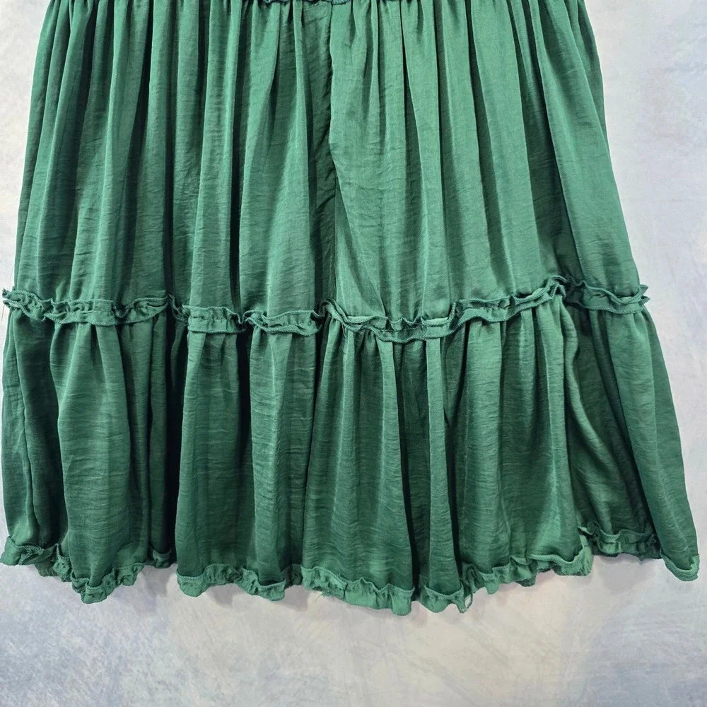 She + Sky Emerald Green Ruffle Tiered‎ Babydoll Mini Dress Cross Back Small